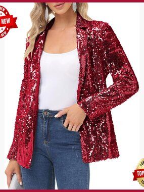 Sequin Open Front Blazer Jacket Sparkly Cardigan Coat Long Sleeve S-XXL